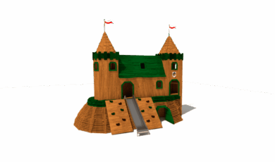 Prolézačka hrad Radyně, se síťovým tobogánem, skluzavkou, lezesí stěnou, věžemi a jeskyní, vyrobená z materiálu akát a dub.