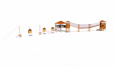 Prolézačka s mostky, věžičkami, a lanovými domečky, vyrobená z materiálu akát a dub.