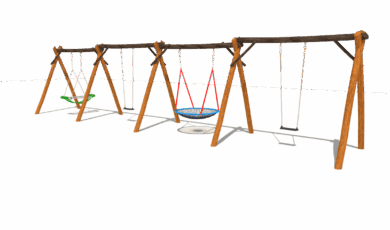 Sestava houpaček, s klasickými sedáky, hnízdem, a atypickým houpadlem, vyrobená z akátu a dubu.