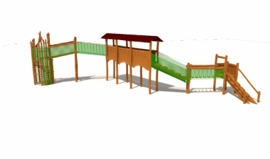 Dětský dřevěný prvek sestava mostů se schody, zastřešením a balančními prvky, vyrobený z akátového a dubového dřeva.