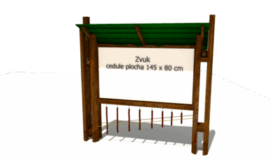 Dřevěný prvek naučný informační panel zvuk s dendrofonem, vyrobený z akátového a dubového dřeva.