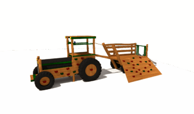 Prolézačka traktor s valníkem se skluzavkou, prolézacím tunelem a lezecí stěnou, vyrobený z materiálu akát a dub.