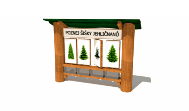 Dřevěný prvek naučný panel poznej šišky stromů s boxy na přírodniny, vyrobený z akátového a dubového dřeva.