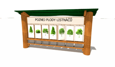 Dřevěný prvek naučný panel poznej plody stromů s s boxy na přírodniny, vyrobený z akátového a dubového dřeva.