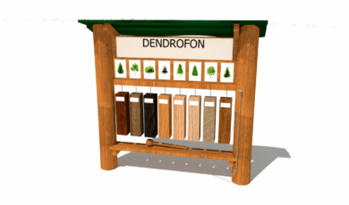 Dřevěný prvek naučný dendrofon - bicí nástroj na různé typy dřeva, vyrobený z akátového a dubového dřeva.