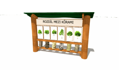 Dřevěný prvek naučný panel kůry stromů, vyrobený z akátového a dubového dřeva.