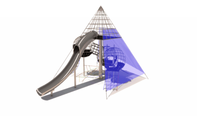 Dětská dřevěná prolézačka síťová pyramida s tobogánem a síťovými koulemi.