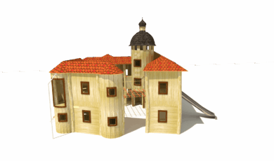 Prolézačka hrad Grabštejn, bránou , dvěma patry, skluzavkami, šplhací sítí, šplhací tyčí, vyrobená z materiálu akát a dub.