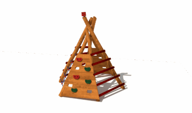 Prolézačka tee pee s lezecí stěnou, šplhací stěnou a žebřinami, vyrobená z materiálu akát a dub.