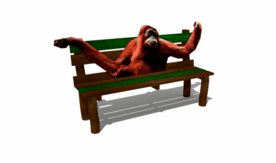 Lavička s orangutanem, vyrobená z akátového a dubového dřeva.