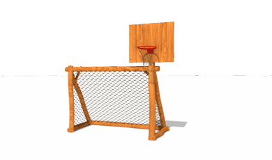 Fotbalová branka se sítí, s basketballovým košem, vyrobená z akátového a dubového dřeva.