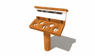 Dřevěný naučný prvek informační tabule poznej jedlé a jedovaté houby, vyrobený z akátového a dubového dřeva