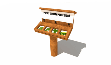 Dřevěný naučný prvek informační tabule poznej stromy podle listů, vyrobený z akátového a dubového dřeva.