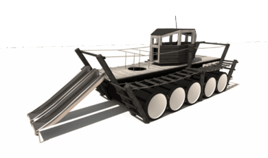 Prolézačka tank, vyrobená z materiálu akát a dub. Součástí jsou skluzavky, tunely, lezecí žebříky a šplhací síť.