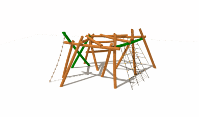 Prolézačka na šplhání, se šplhacími sítěmi a šplhacím lanem, vyrobená z materiálu akát a dub.