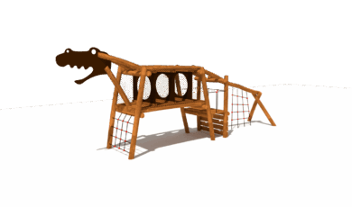Prolézačka dinosaurus s balančními prvky a šplhací sítí, vyrobená z materiálu akát a dub.