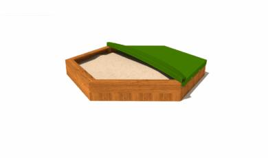 Prkenné pískoviště šestiúhelníkového půdorysu vyrobené z akátu/dubu se sedátky a zakrývací plachtou.