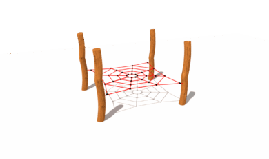 Lanová prolézačka Spider ve tvaru pavoučí sítě, vyrobená z akátového a dubového dřeva.