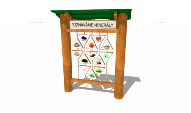 Dřevěný prvek naučný informační panel, poznej minerály s obrázky, vyrobený z akátového a dubového dřeva.